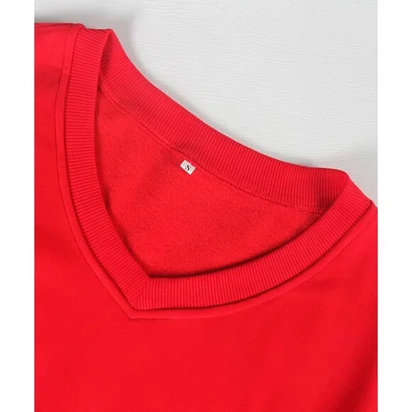 Women V Neck Long Sleeve Fleece-Lined Cropped Sweatshirt Casual Warm Top